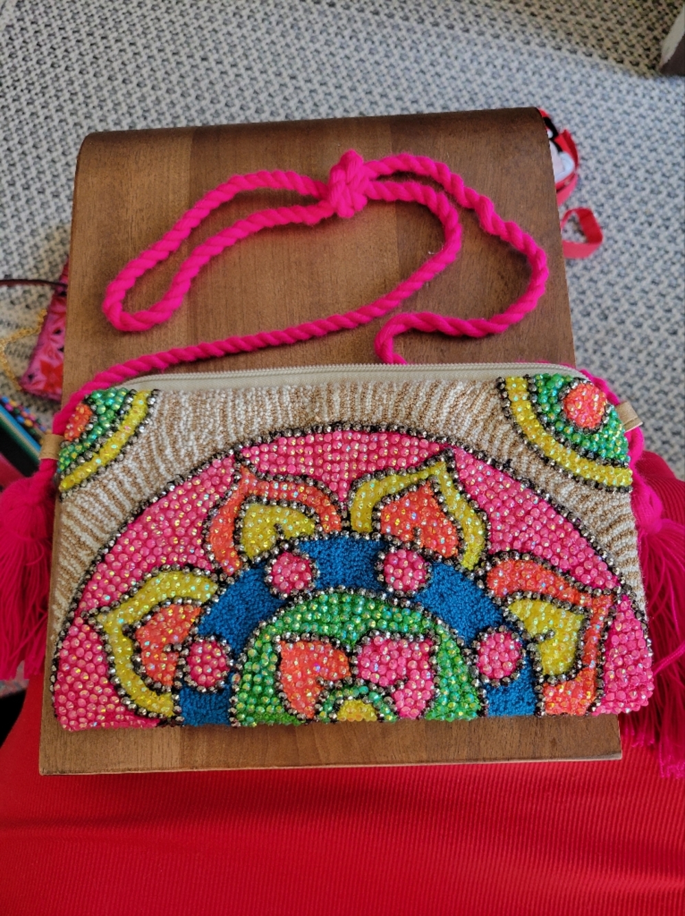 Hualtuco Mexico Beaded Multicolor Crossbody Bag with Pink Strap